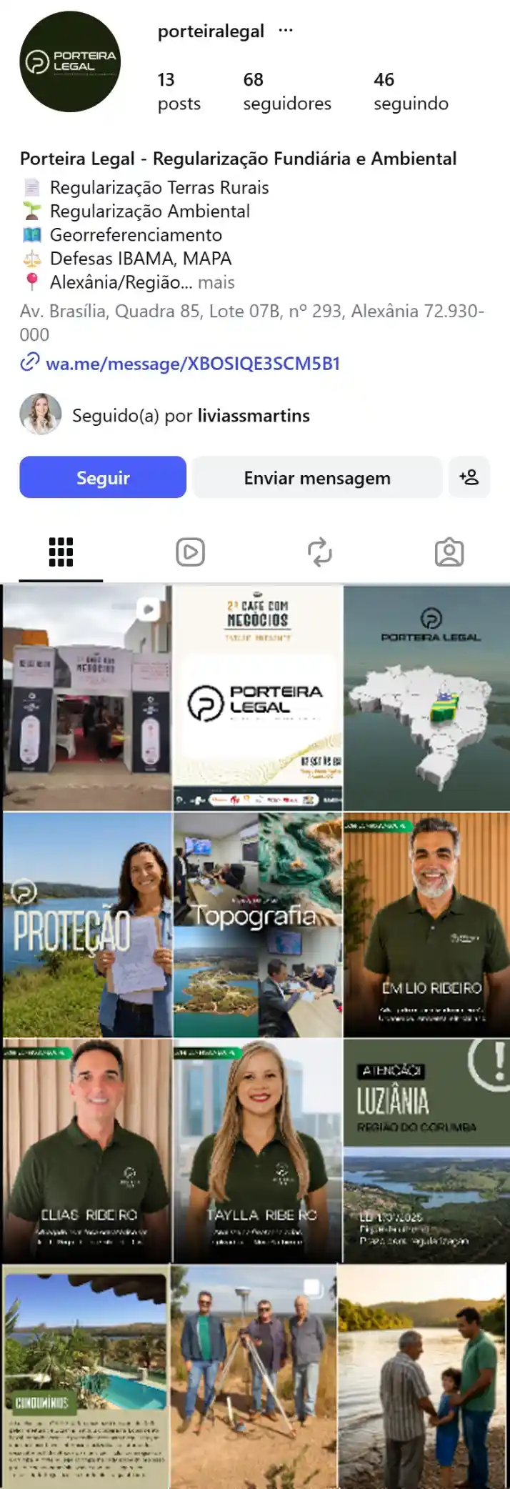 Prévia vertical do perfil da Porteira Legal no Instagram